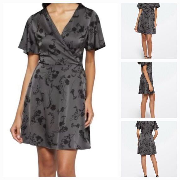 New 41 Hawthorn W's (L) Gray & Black Floral Satin Flutter Sleeve Faux Wrap Dress - Picture 1 of 14